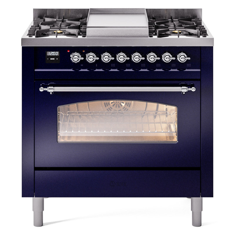 ILVE Nostalgie II Series 36 inch Dual Fuel Range with 6 Burners, Griddle (Glass Door), Midnight Blue/Chrome, Natural Gas