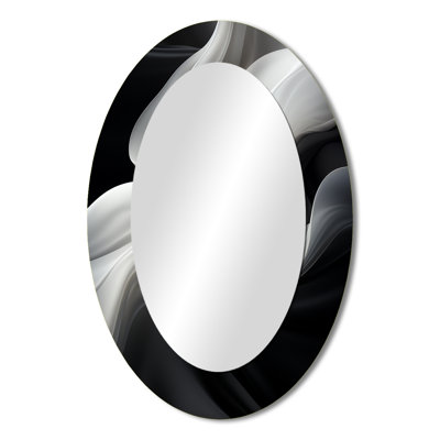 White Black Abstract Turbulence - Large Oval Wall Mirror On Metal