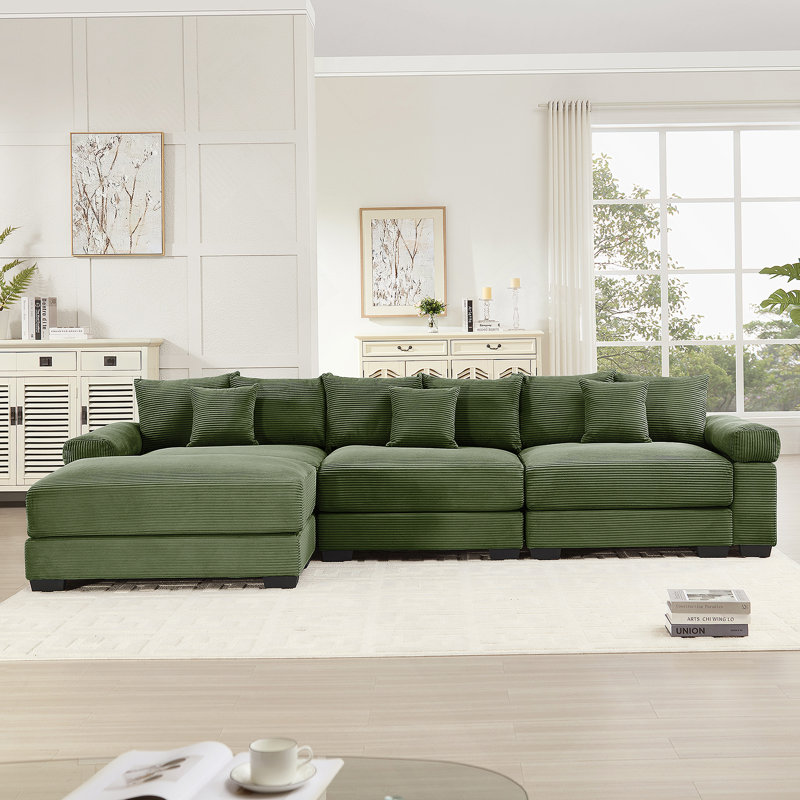 Canapé modulaire en L 130 po surdimensionné en forme de L, tissu velours côtelé doux, avec siège profond et accoudoirs larges Conception ergonomique 9 coussins Assemblage facile, pour le salon, la chambre à coucher, vert