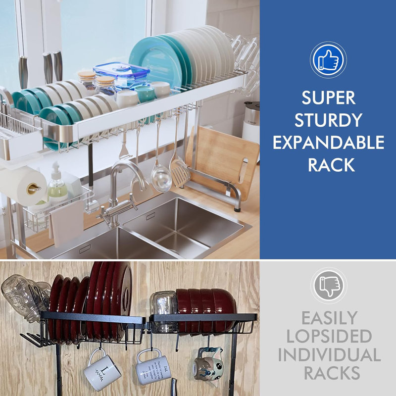 Over The Sink Dish Drying Rack, 2 Tier Over Sink Dish Drying Rack Width Adjustable(25.6-37.6In), Durable Stainless Steel Dish Rack Over Sink Organizer, Space Saving Kitchen Sink Drying Rack