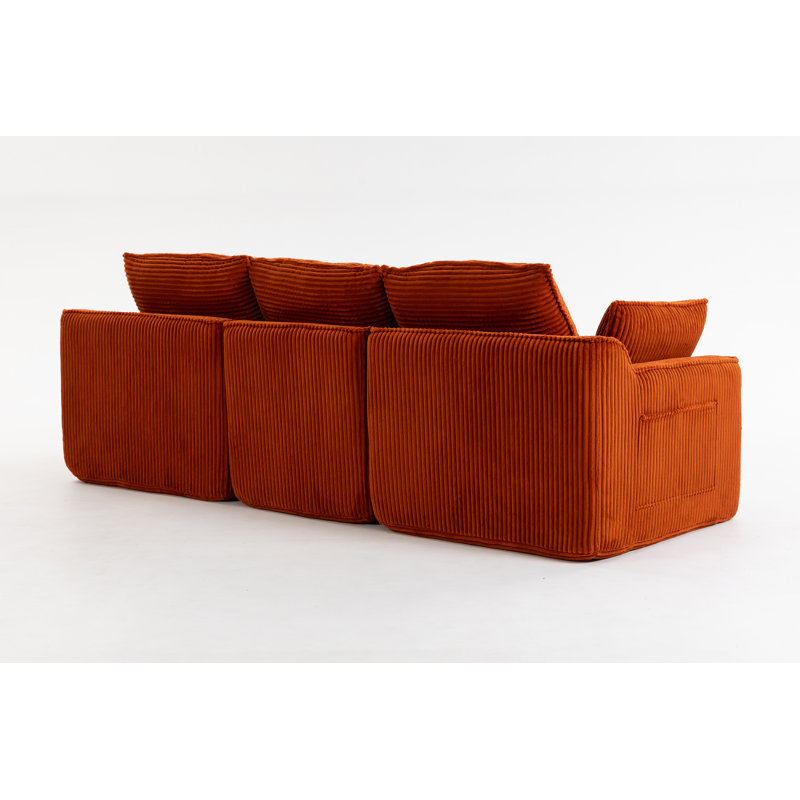 Canapé modulaire en L compressé modulaire en L recouvert de velours côtelé rembourré avec dossier sans repose-pieds, trois coussins et deux coussins lombaires, coussins de siège amovibles