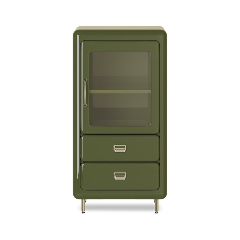 Vert bouteille + bois manufacturé + vitrines en verre, Vert bouteille