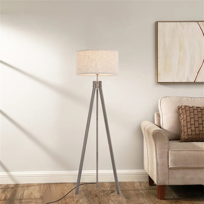 Wooden Tripod Floor Lamp – Mid-Century Reading Light With 3 Color Temperatures & Linen Shade, Gray