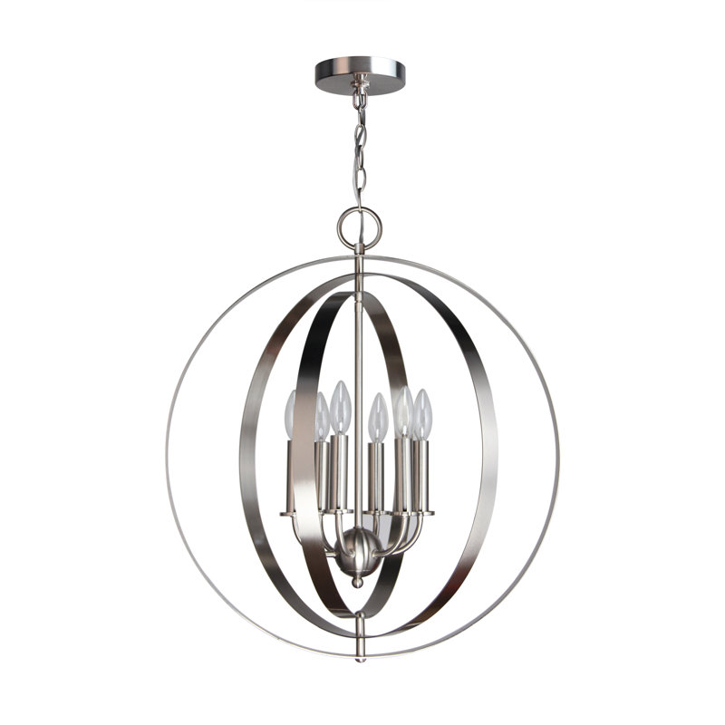 Lustre de globe 6 lumières de style bougie Lando, Nickel satiné
