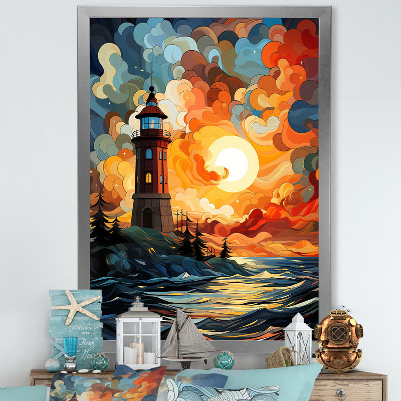 «Coastal Stormy Sunset Lighthouse Breeze II» - art mural phares, Cadre simple argenté, H 20 po x l 12 po x P 1 po