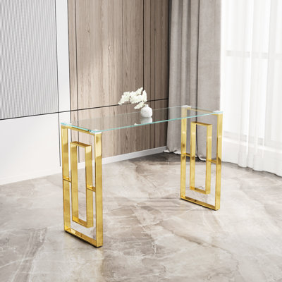 Console Table In Golden - Stainless Steel Legs And Transparent Glass For Home Steel, Clear Top