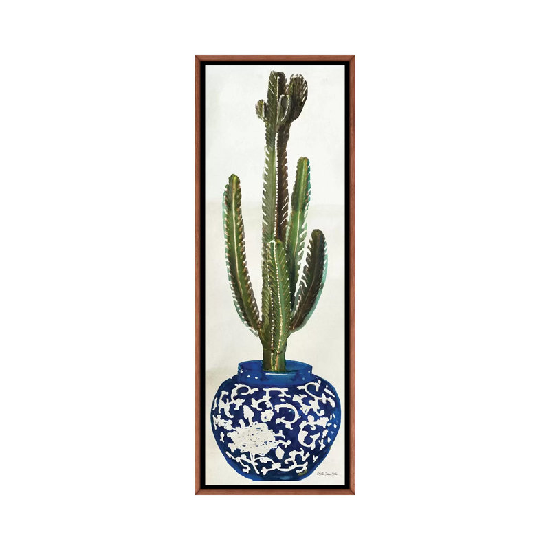 «Cacti in Blue Pot II», impression panoramique sur toile, H 72 po x l 24 po x P 1,5 po, Toile classique avec cadre brun