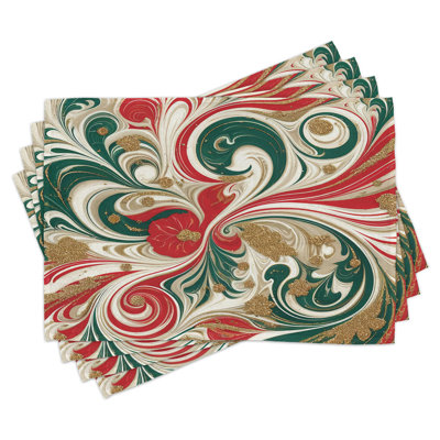 East Urban Home Christmas Place Mats Set of 8 Abstract Winter Xmas Line 8 pcs Dark Pink Green Ivory