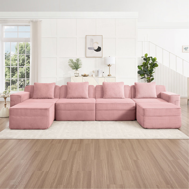 Canapé modulaire modulaire en forme de U sans siège à 4 places, canapé modulaire Cloud avec assise profonde, canapé modulaire moderne à 4 places avec coussins décoratifs et 2 repose-pieds amovibles, tissu en velours côtelé