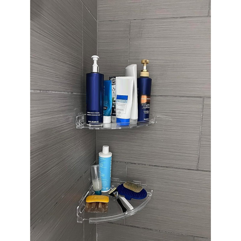 Acrylic Corner Shower Caddy Shelf - Transparent - 2-Pack Adhesive Wall-Mounted Organizer With Hooks, Space-Saving Bathroom & Kitchen Storage
