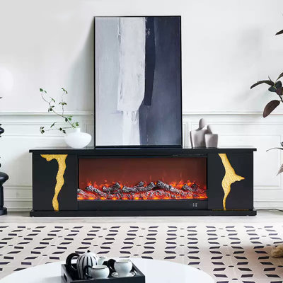 Meuble télé en bois massif de style français avec foyer électrique à flamme simulée