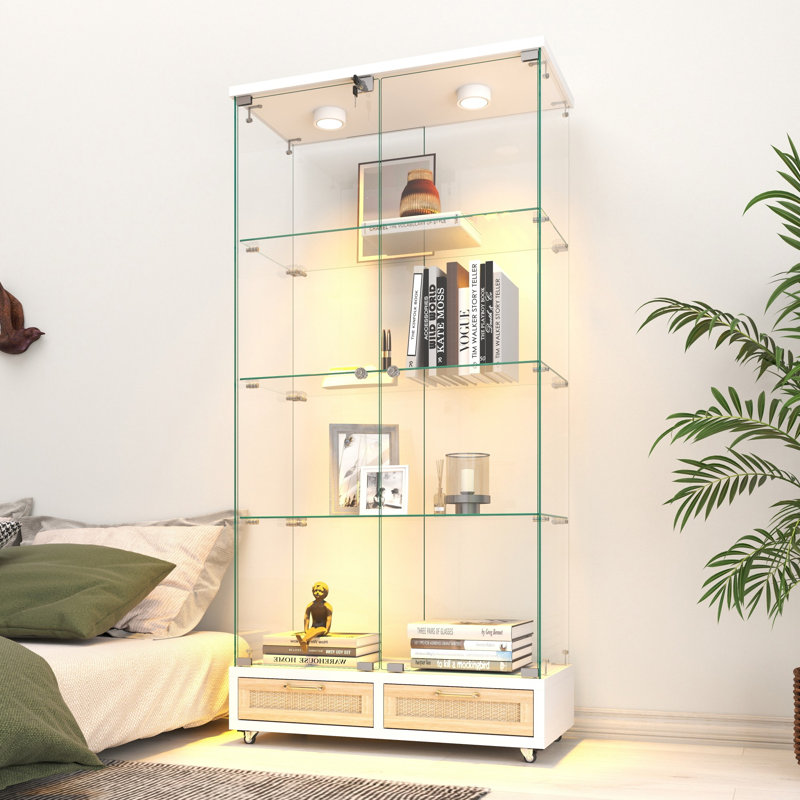 Vitrine moderne en verre avec grands tiroirs, Naturel / Blanc