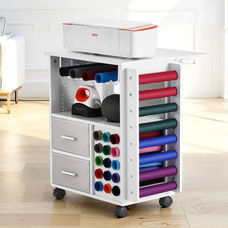 Rolling Craft Cart and Storage Table with 15 Vinyl Roll Holders 2 Drawers White