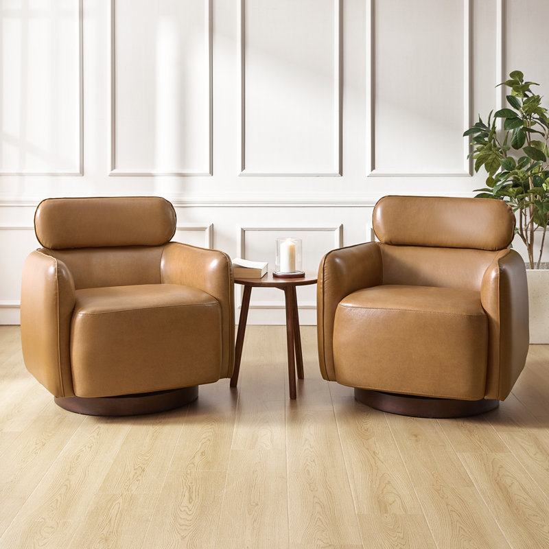 Fauteuil demi-tonneau pivotant en cuir véritable Myhia, Chameau