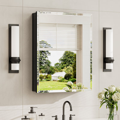 Recessed or Surface Mount Aluminum Beveled Frameless Medicine Cabinet With Mirrored Door and Adjustable Shelves