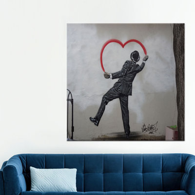 Printed Canvas Artwork: Man Drawing Heart - Modern Love Theme,1P BlackFramedCanvas