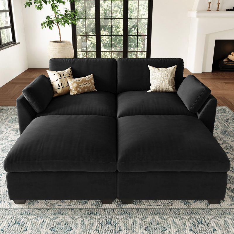 Velvet & Wide Short Plush Soft Modular Sofa Bed Apartment Sofa With Detachable Cushion Cover, Black Velvet