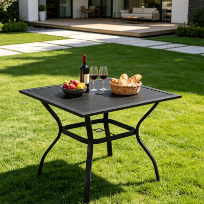 Square Metal Outdoor Dining Table with Umbrella Hole - Slatted Tabletop, Weather-Resistant for Patio, Garden, Backyard