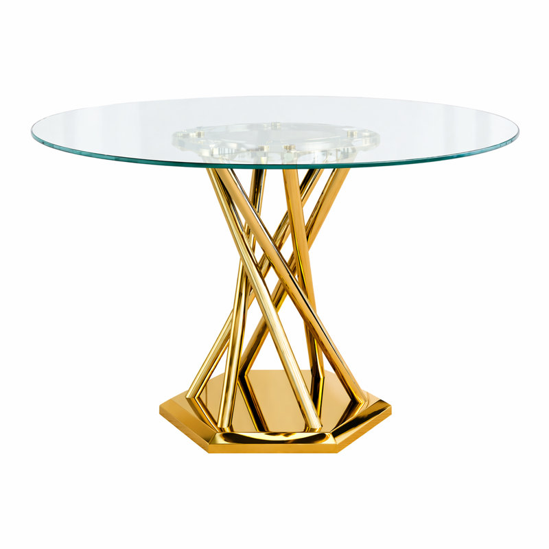 47.2" Round Glass Dining Table, Modern Round Clear Kitchen Table, Tempered Glass with Gloss Stainless Legs Table, for Dining, Kitchen, Small Space