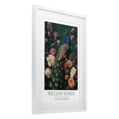 Vintage Floral Peacock William Morris Framed Print Under Glass, design by Petal Prints Design
