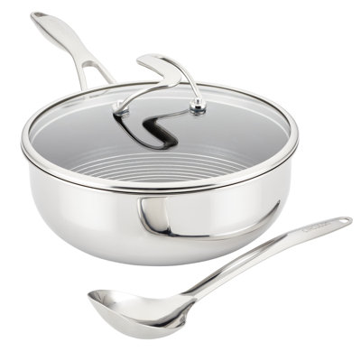 Circulon Clad Stainless Steel Chef Pan and Utensils with Hybrid SteelShield, 3 Piece, Silver