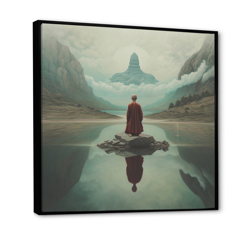Mindfulness bouddhiste vison méditant sur toile, Cadre flottant noir, H 36 po x l 36 po x P 1,5 po