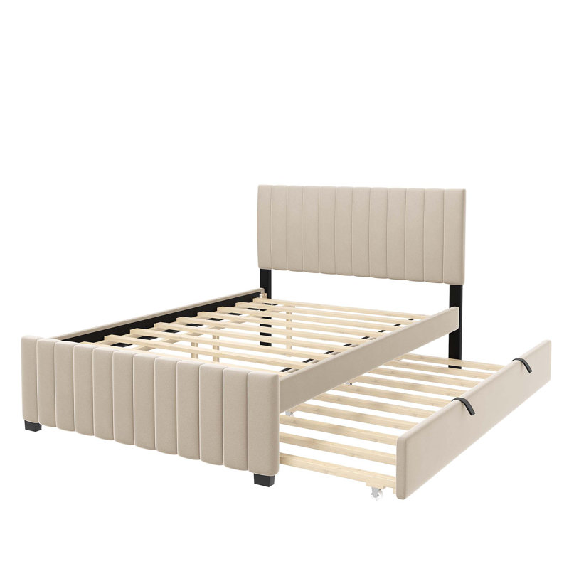 Lit plateforme tapissier en velours avec lit gigogne, Beige, Double