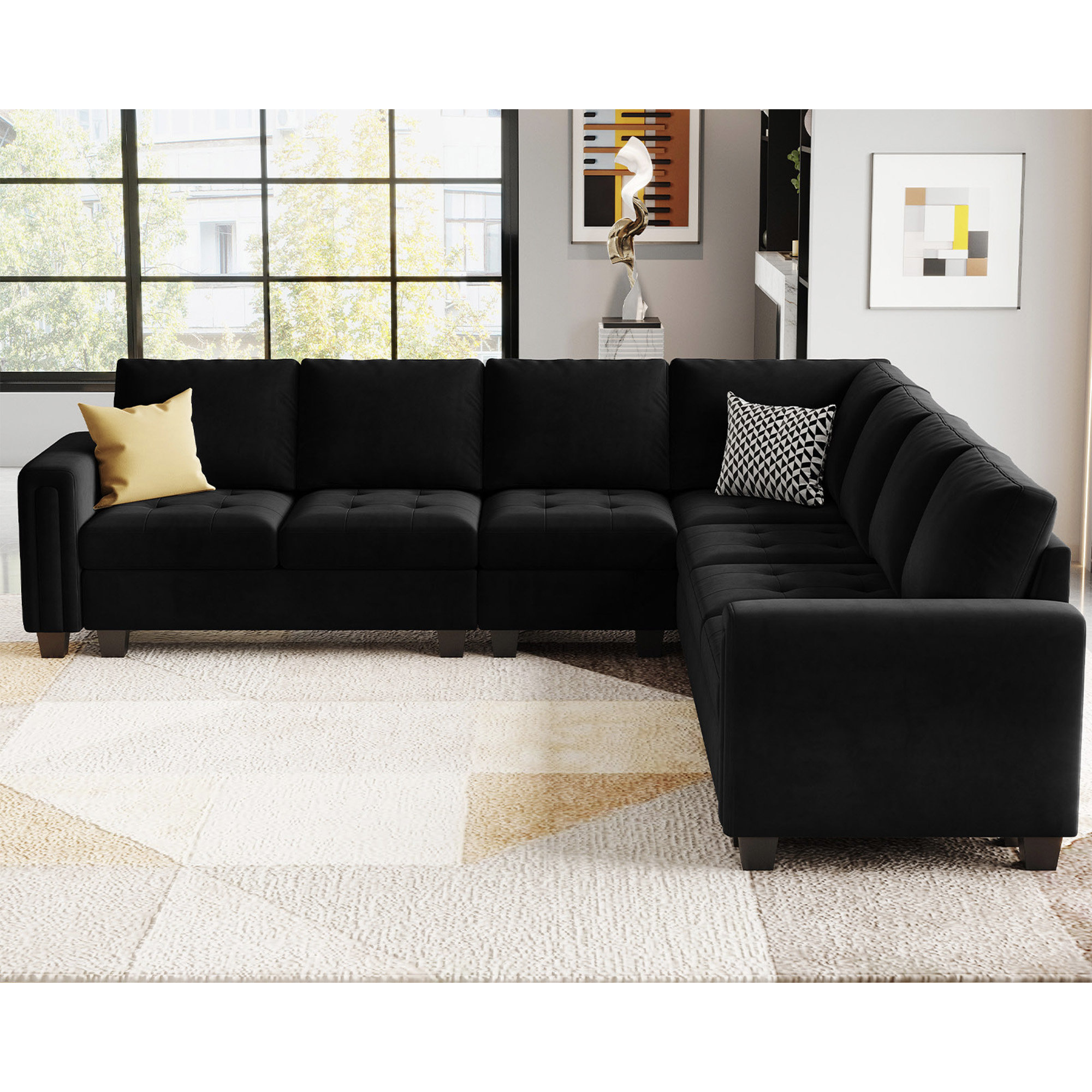 Skerl 6 - Piece Velvet Large L Shaped Corner Sectional Sofa Solid Wood Livingroom Couch