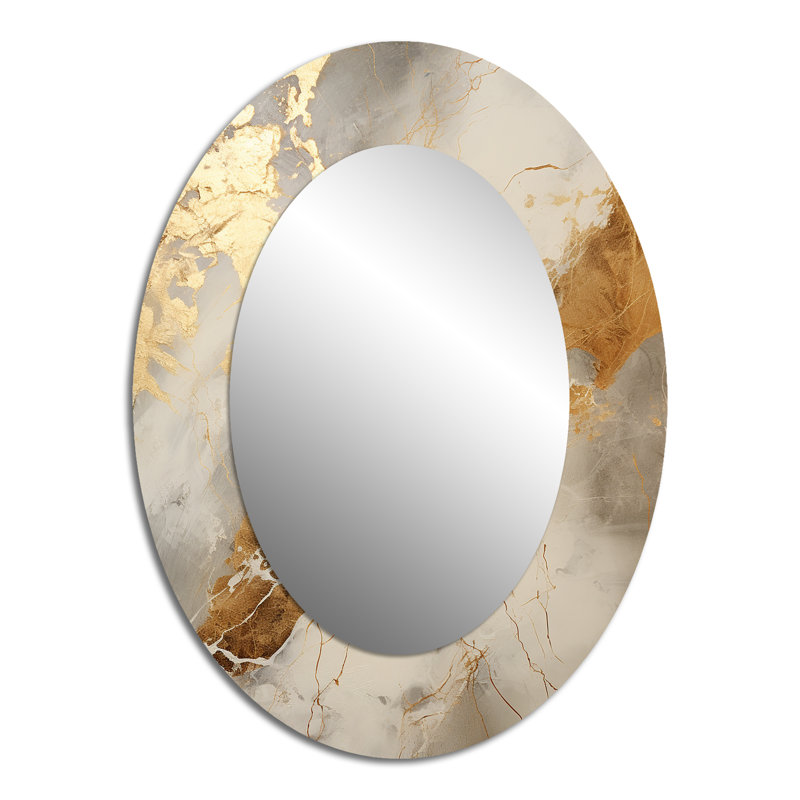 Beige And Gold Marble Lightning III - Modern Oval Wall Mirror, 40" x 30"