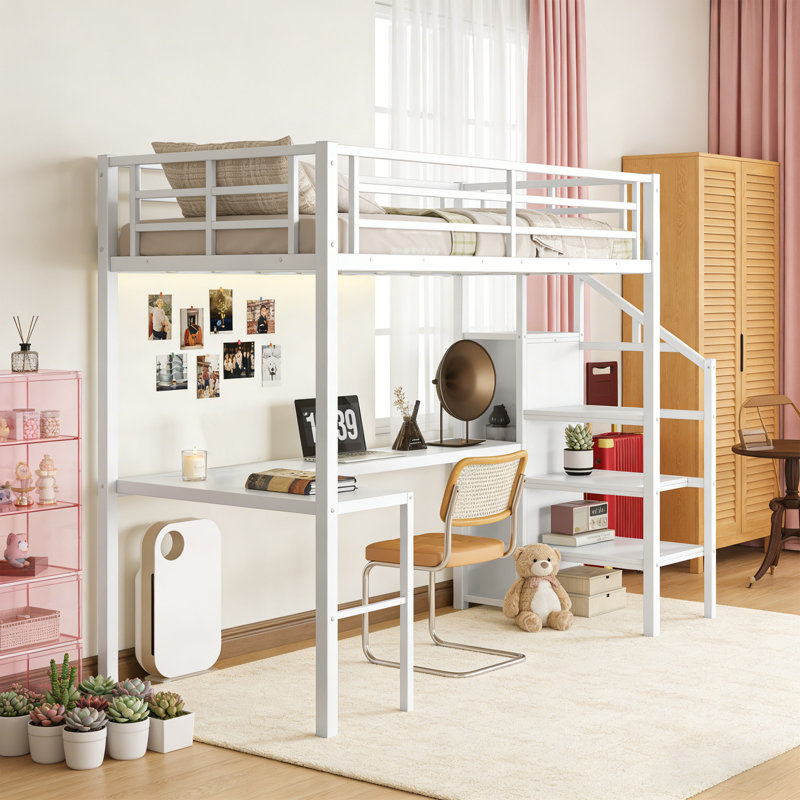 Full Size Metal Loft Bed with Desk & USB,LED lights , White, Full