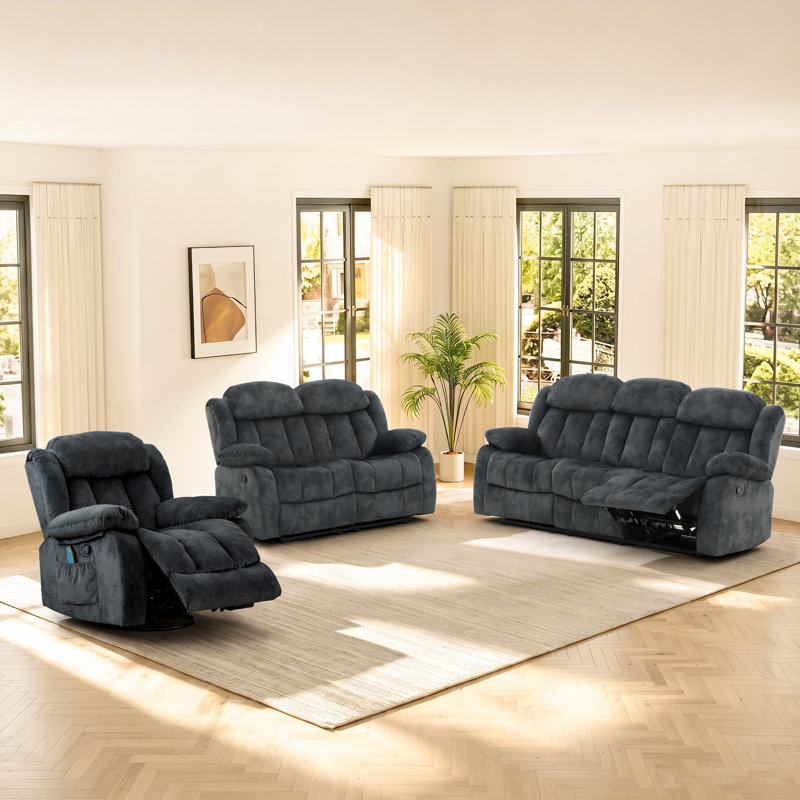 Ensemble de salon manuel en microfibre 3 pièces avec fauteuil inclinable chauffant à massage et causeuse manuelle et canapé 3 pièces
