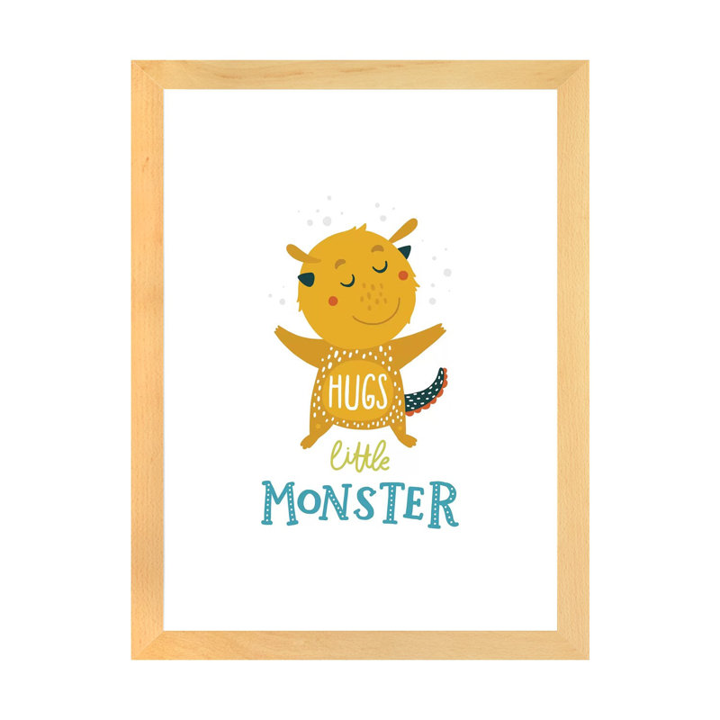 Petits monstres - impression d'art graphique, Papier avec cadre beige, H 32 po x l 24 po x P 1 po, Blanc