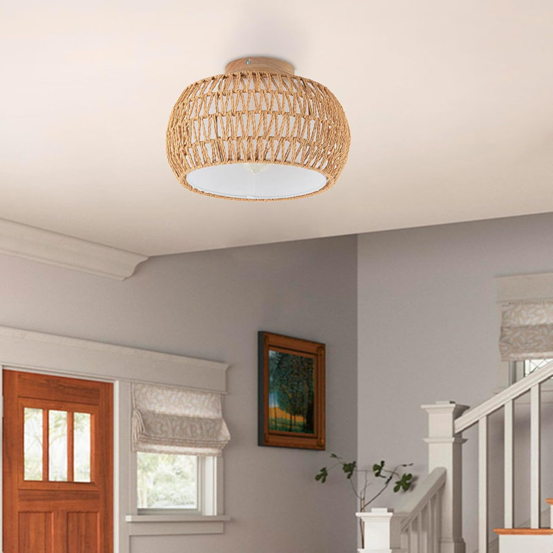 Boho Rattan Chandelier Ceiling Light Fixture - Hand-Woven Drum Flush Mount Lamp For Bedroom Kitchen Hallway Nursery Living Room
