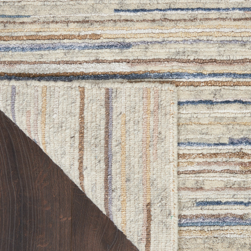 Tapis rayé bleu contemporain fait à la main Rennes, Rectangle 7 pi 9 po x 9 pi 9 po