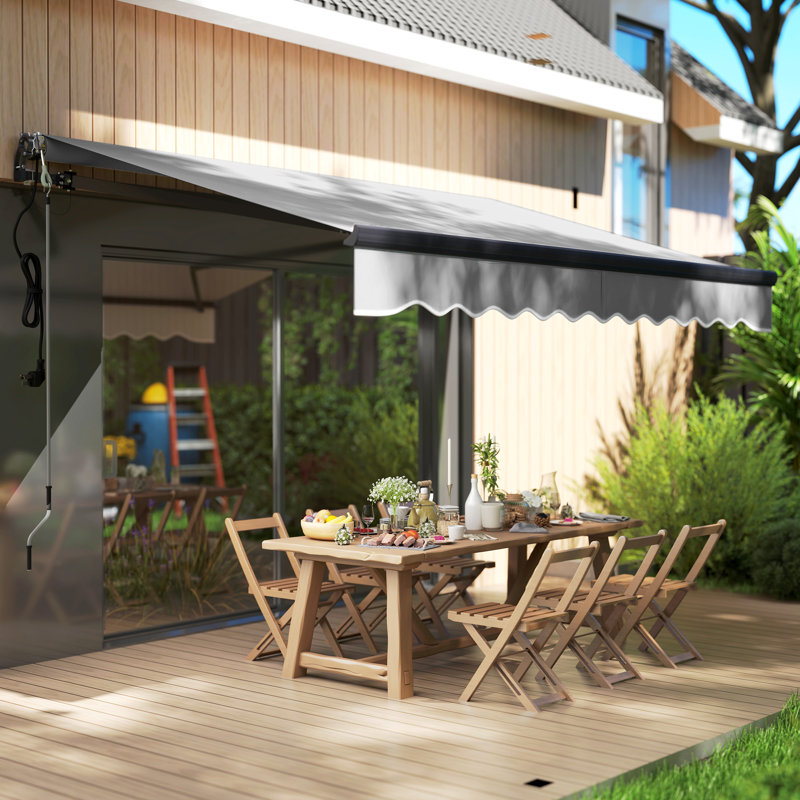 Outsunny 296cm W x 250cm D Polyester Cover Motorised Retractable Sunshade Awning, Light Grey