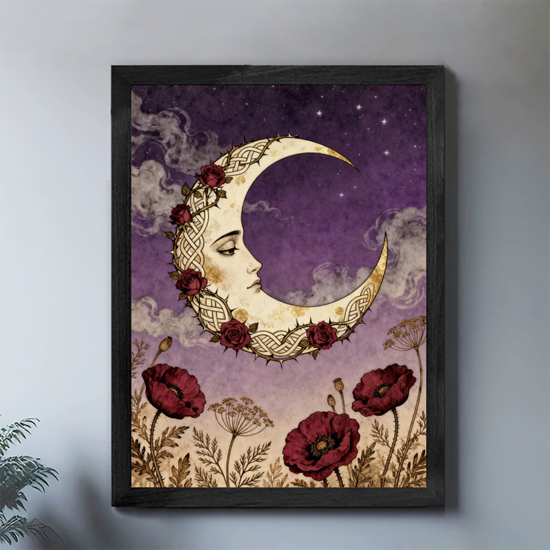Reproduction d'art encadrée noire rétro fleur lune, H 25 po x l 17 po