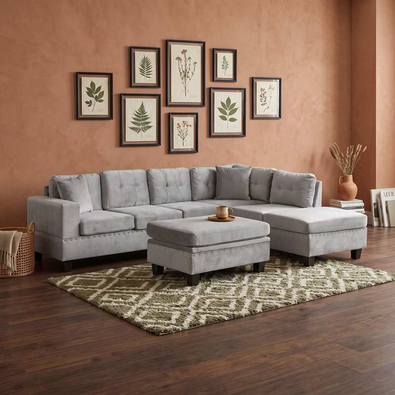 Canapé d'angle réversible avec méridienne, pouf de rangement et porte-gobelets, Gris