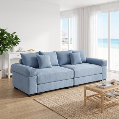 Oversized Corduroy Modular Lounge Sectional Sofa, Deep Seat with Wide Padded Arms, Blue, 2-Seater, No Ottoman