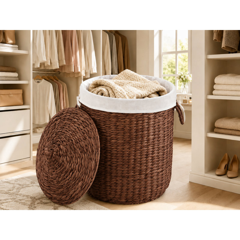 Panier à linge rond en osier avec couvercle et poignées avec doublure amovible, Brun