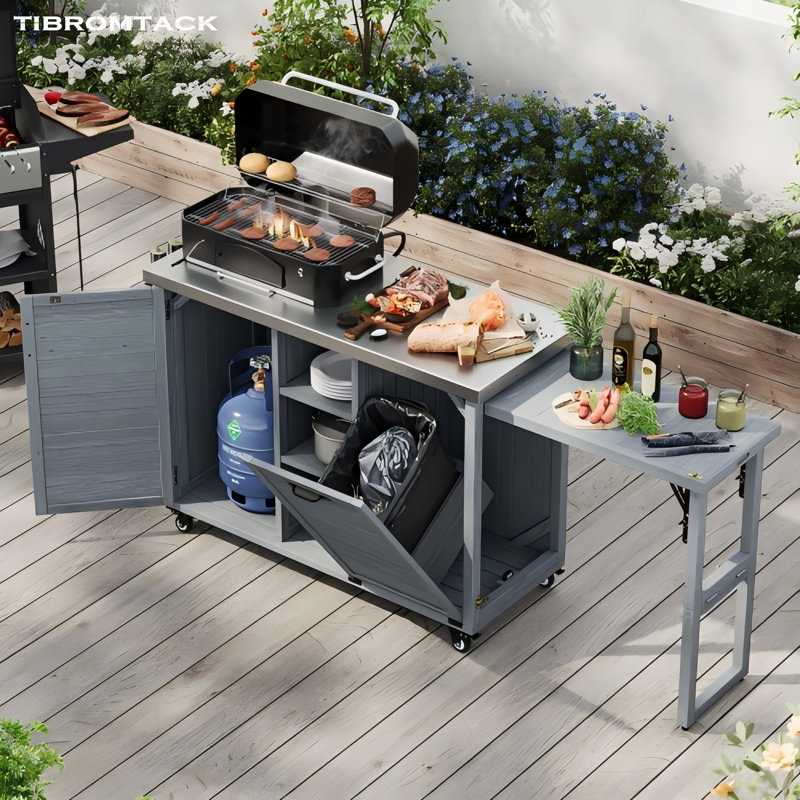 78.3 in. Outdoor Kitchen Island with Foldable Grill Table, Solid Fir Wood & Stainless Steel Top, Trash Can Cabinet, 5 Locking Casters, 400 lbs Capacity, Gray Blue