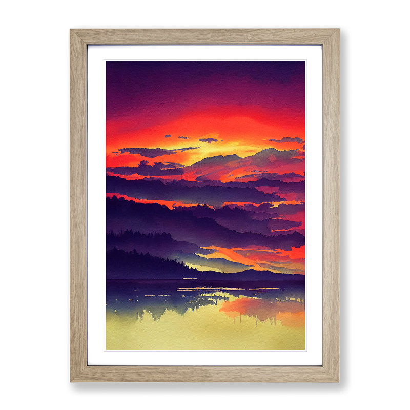 Watercolour Sunset Lake No.3 - Single Picture Frame Painting, Oak, 64cm H x 46cm W x 2cm D