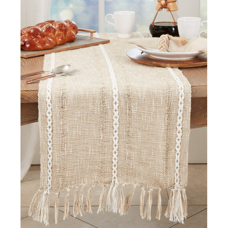 Textured Striped Woven Table Runner With Fringe Detail