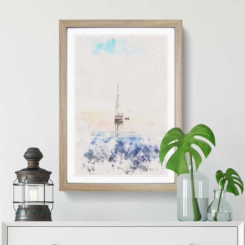 Lone Sailboat - Picture Frame Painting Print, 63cm H x 45cm W x 2cm D, Oak Framed