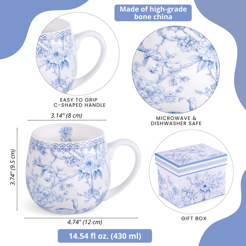 Grande tasse à ventre bleu avec fleurs 14,54 oz (430 ml) Bone China