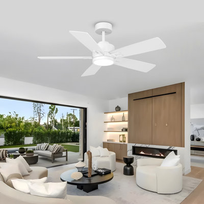 Modern White Smart Ceiling Fan With Light And 5 Wood Blades