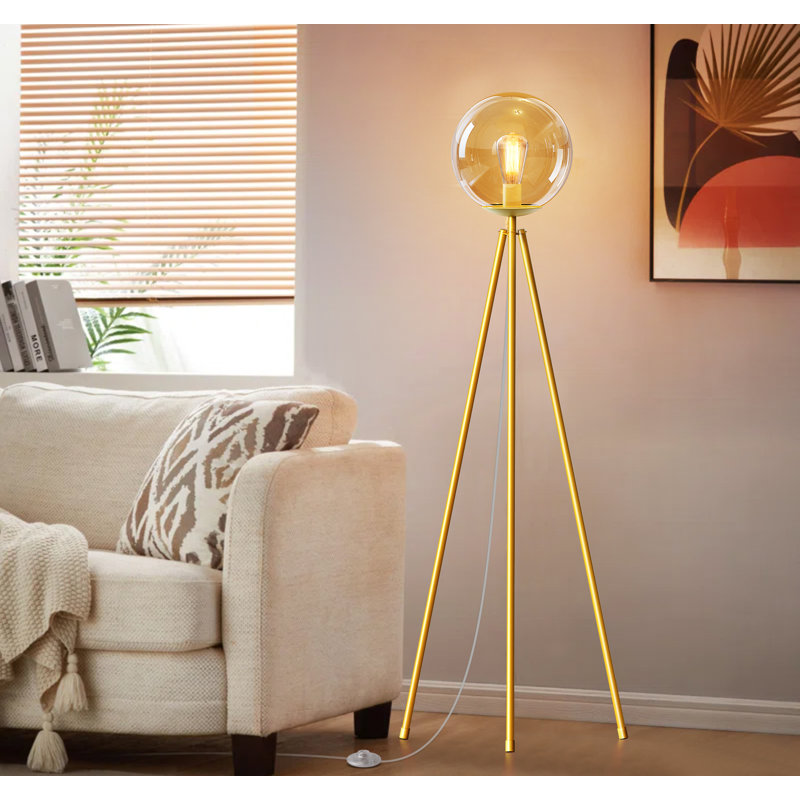 65'' Modern Tripod Floor lamp with Glass Shade，Gold Standing Lamp with LED Bulb for Living Room