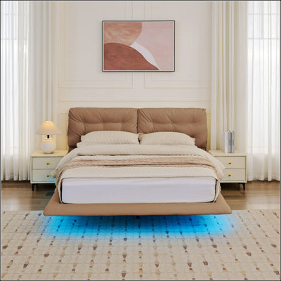 Queen Size Upholstered Floating Bed Frame With LED Lights