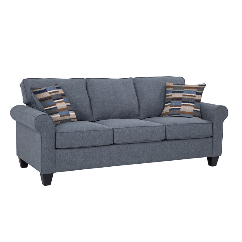 Blue Linen Rolled Arm Sofa with Removable Cushions