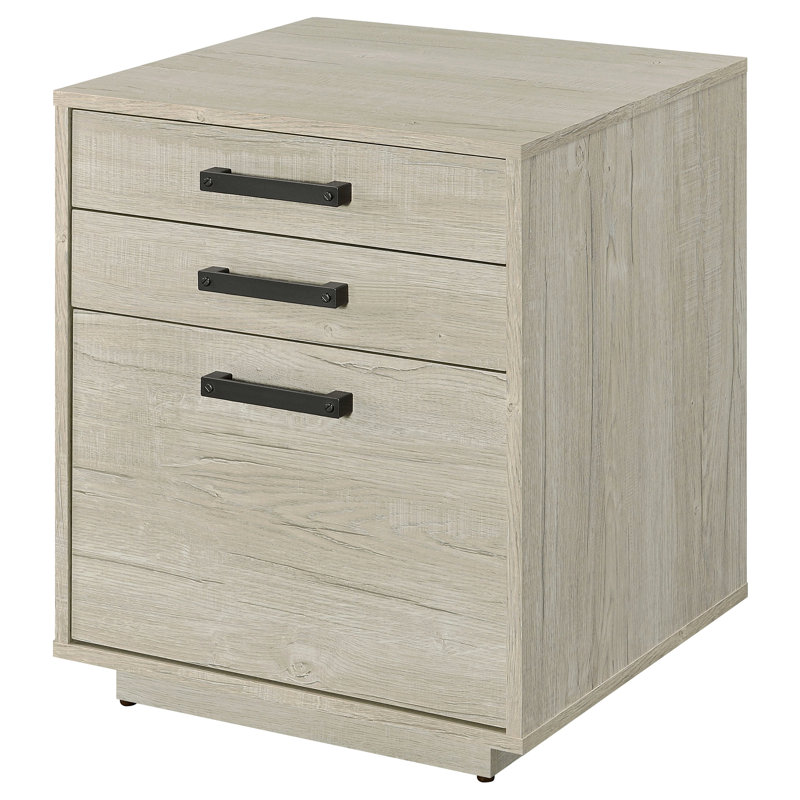 3 - Drawer Freestanding Home Office File Cabinet With Contemporary Design, White Washed Grey Finish, Arm And Material, 25 Inches High, 19.84 Deep Drawer, Freestanding, Cabinet, Arm, Material