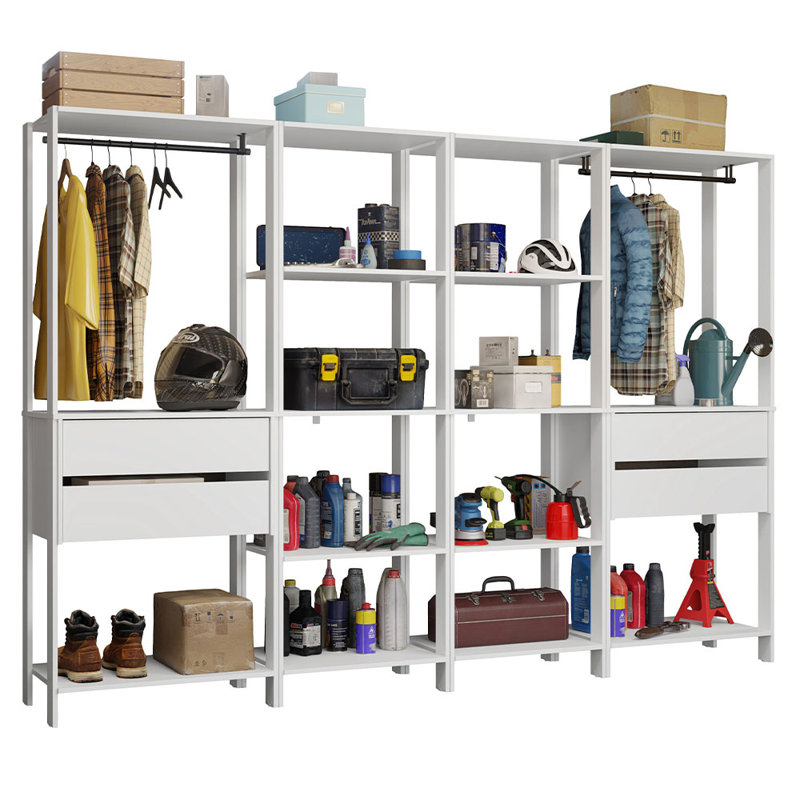  Garage Storage Rack with 4 Drawers, Open Shelves and Hanging Spaces 102"L Multiuse Modular Organization Cabinet for Tools - White